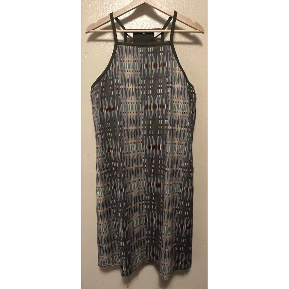 Prana Ardor Tank Dress Olive Geometric Aztec Built In Bra Active Hiking Sz XL